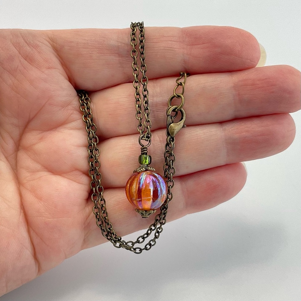Host Pick! New Pumpkin Necklace, Handmade, Iridescent Orange & Olive Green - Picture 6 of 11
